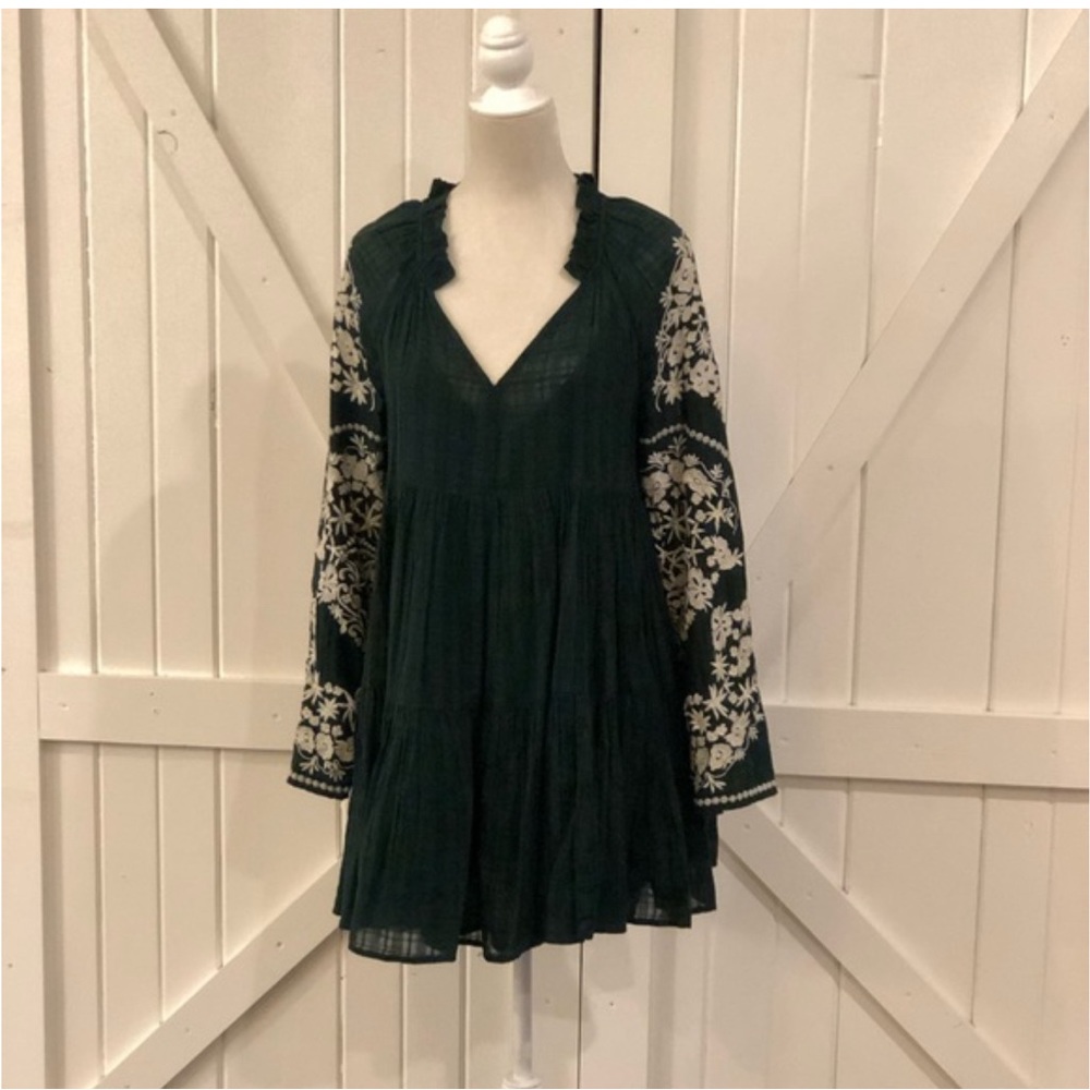 Free People Green Embroidered Bell Sleeve Dress